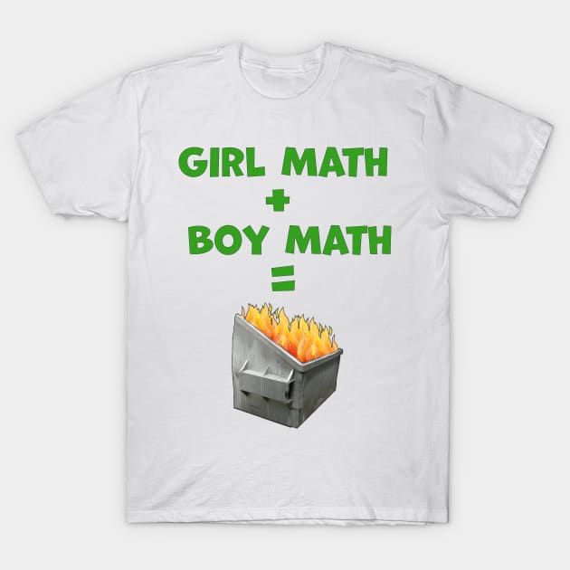 Girl Math Plus Boy Math Equals Dumpster Fire Text with Image T-Shirt by Ali Cat Originals
